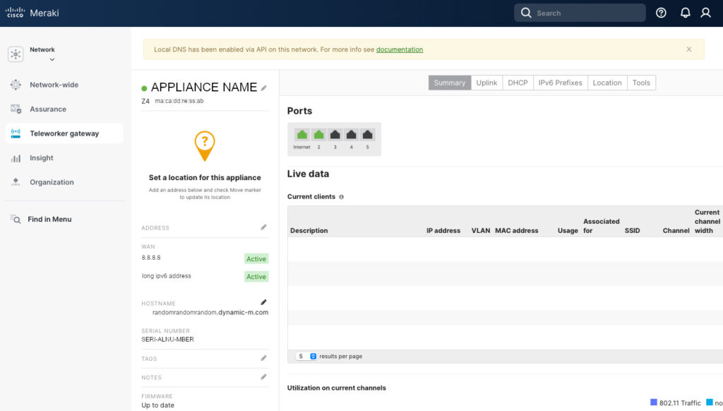 Figure 1. Meraki  Security Appliance Status Page.