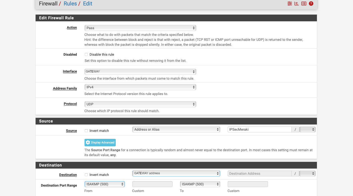 Figure 17. pfSense firewall rules, ISAKMP.