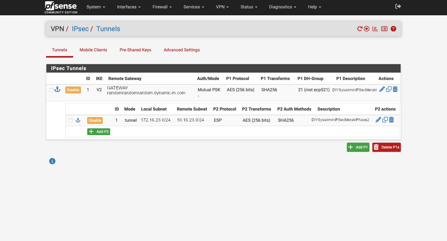 Figure 15. pfSense IPsec Tunnels.