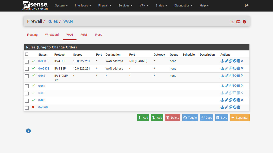 Figure 18. pfSense WAN firewall rules.