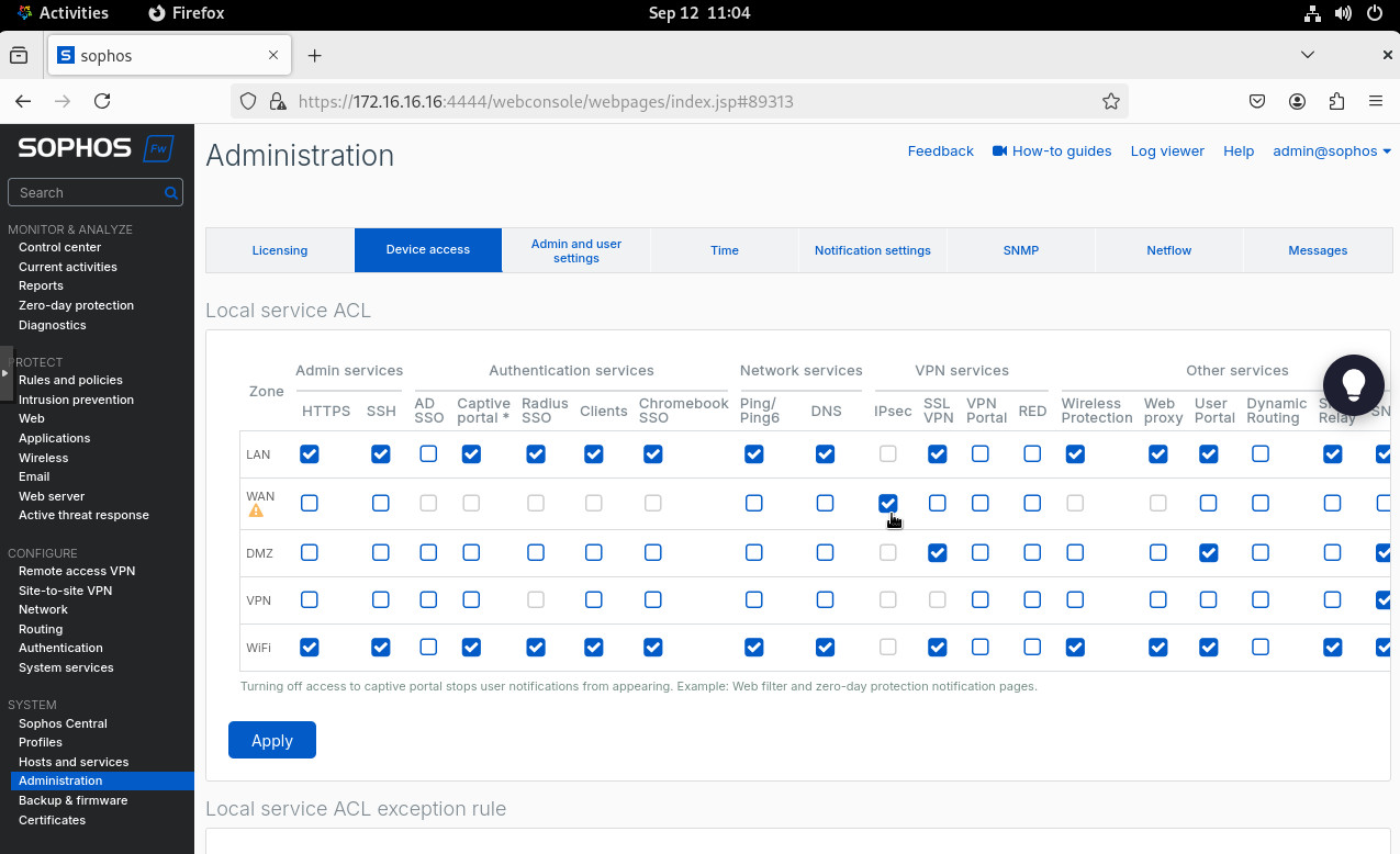 Figure 2. Administration -> Device access -> Enable IPsec on WAN.