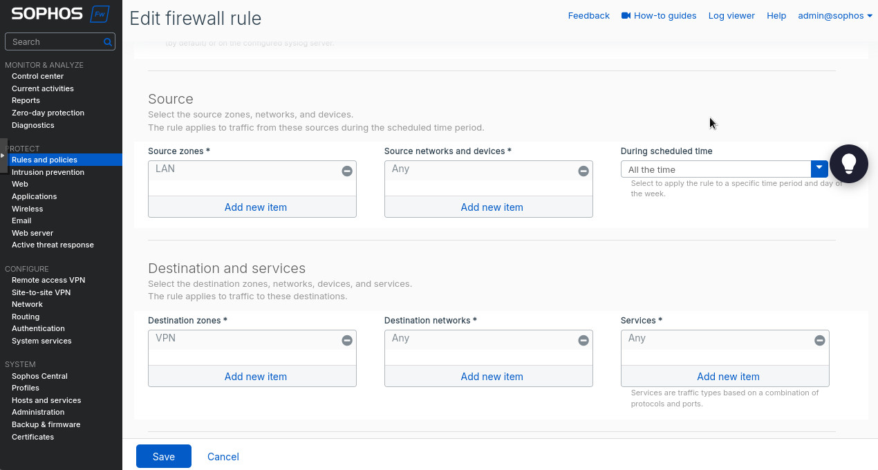 Figure 13. Creating Firewall rule allowing LAN out.