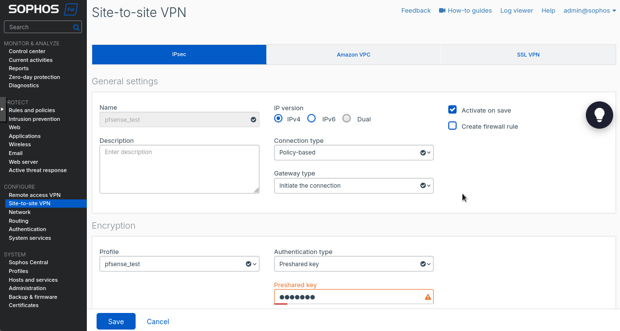Figure 6. Site-to-site VPN configuration.