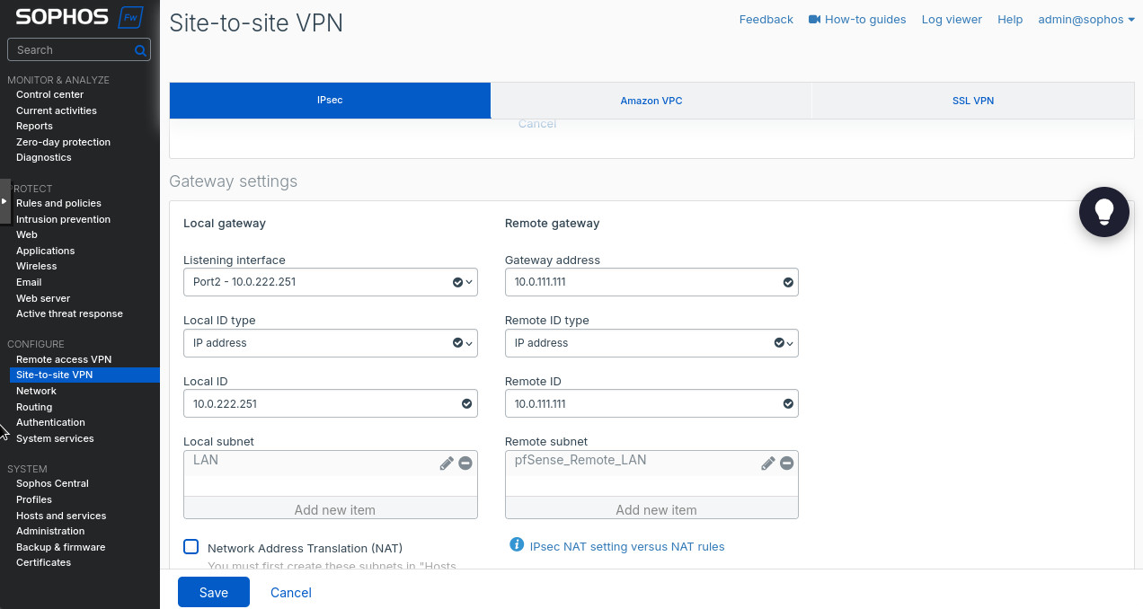 Figure 7. Site-to-site VPN configuration, continued. Gateway settings.